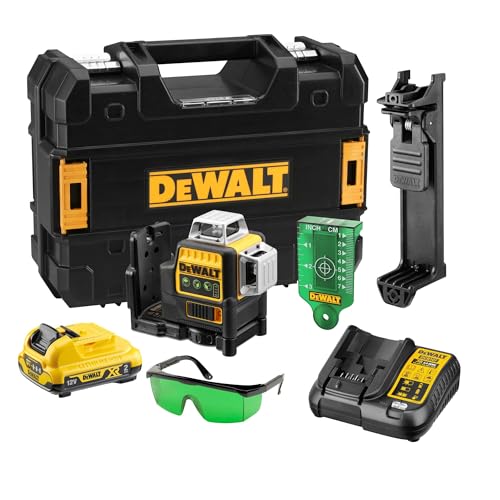 Dewalt 3 x 360° Akku-Multilinien-Laser grün DCE089D1G (Selbstnivellierender Laser, mit Pulsmodus für Empfängereinsatz, Schutzklasse IP65, inkl. 12 Volt 2 Ah Akku und Ladegrät)