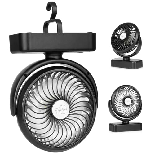 Tragbarer Camping-Ventilator mit LED-Laterne - 40 Stunden Betriebszeit Wiederaufladbarer, batteriebetriebener Ventilator mit Aufhängehaken für Zelt, Auto, Wohnmobil, Hurrikan, Überlebensausrüstung