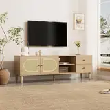 AUJDKDH TV-Konsolentisch,200 * 37 * 49cm, TV-Schrank mit echtem Rattandesign, TV-Schrank mit massiven Holzfüßen,Geflochtener Rattan-TV-Boards (Oak-150cm)
