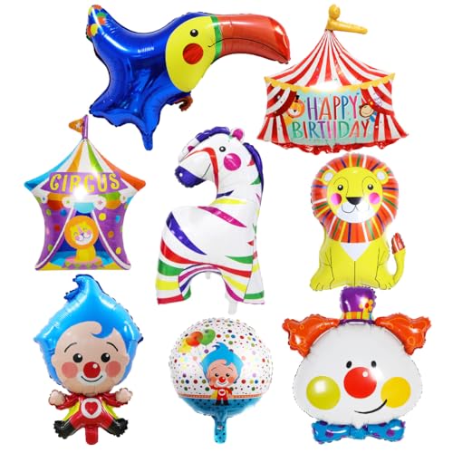 8 Stück Zirkus Tiere Folienballon, Clown Ballon, XXL Aluminium Folie Zebra ballon, Zirkus Löwe Luftballons, Zirkuszelt Riesenballon zum Karneval Urlaub Geburtstag Baby Shower Thematische Party Deko