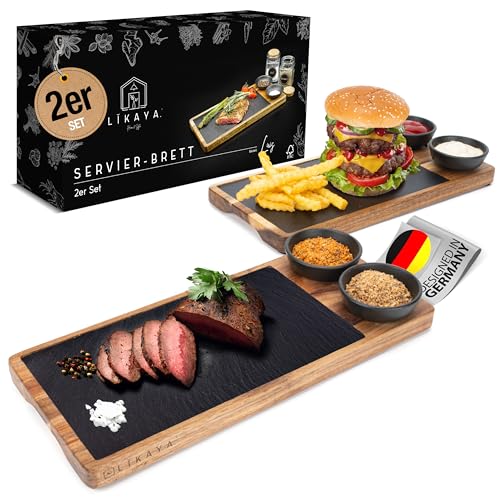 LIKAYA® Servierbrett 'LUIS' 2er Set aus FSC® Akazien-Holz mit Schieferplatte & Saucen Schüsseln - perfekt als Grillbrett, Steakbrett, Grill Zubehör und Geschenk für Steak, Burger & Sushi!