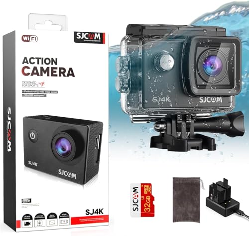 SJCAM SJ4000 Action Cam 4K30fps WiFi Kamera,40MP Ultra HD 170°FOV mit EIS Bildstabilisierung,Unterwasserkamera 30m/98ft Wasserdicht Kamera mit 2 Akkus, 32G SD Karte und Helmhalterung Zubehör Kits