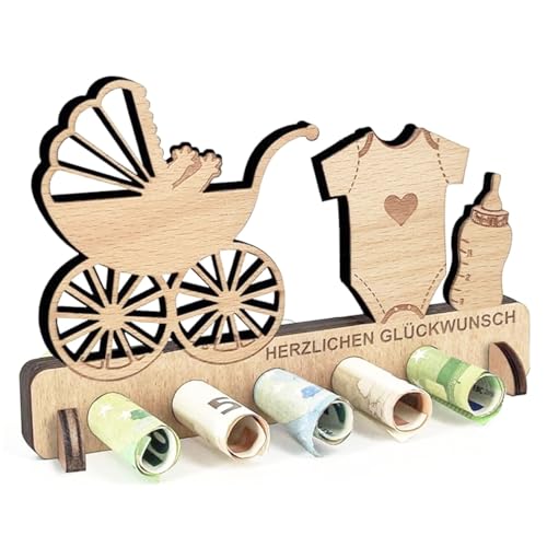 ParPix Geschenk zur Geburt Junge Mädchen, Holz Geschenke Geburt Junge, Geldgeschenke Verpackung zur Kinderwagen Ideen Geschenk für Kinder Geburtstag, Geschenk zur Geburt für Freunde, Familie, Kind