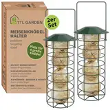 TTL Garden 2er Set 31cm Meisenknödelhalter mit Dach - Meisenknödel Halter für Wildvögel rund Ø 8 cm Stahl rostfrei grün pulverbeschichtet Futterstelle Vogelfutterspender für Garten Balkon Terrasse