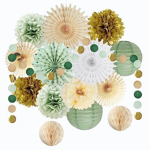 Party Deko Salbeigrün Gold Geburtstag Deko Mädchen Frauen Junge Grün Gold Seidenpapier Pompons Papierlaterne Punkte Kreis Girlande für Babyparty Brautparty Hochzeit Party