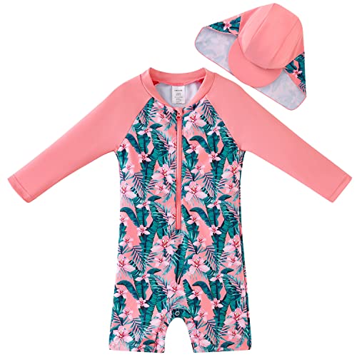 UMELOK Baby Badeanzug mit Sonnenhut UV Schutz Badebekleidung Tropische Pflanze, rosa 9-12 Monate/74-80cm