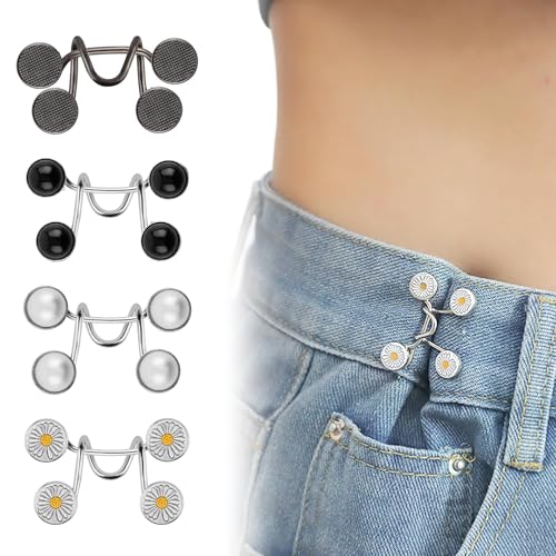Hosen Enger Machen Clip, 4 Set Hosenknopf Hosenbund Taillenspanner, Hose Verkleinern Clip, 4 Stile Nähklammern Knopfnadeln für Jeans Kein Nähen, Jeansrock, Wiederverwendbar