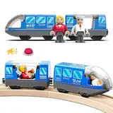 LiRiQi Eisenbahn elektrische lok Holzeisenbahn Zug, Batteriebetriebener Lokomotivzug, Leistungsstarker Motorzug kompatibel mit Thomas, Brio, Spielzeug für Kinder Kleinkind Junge, Blau