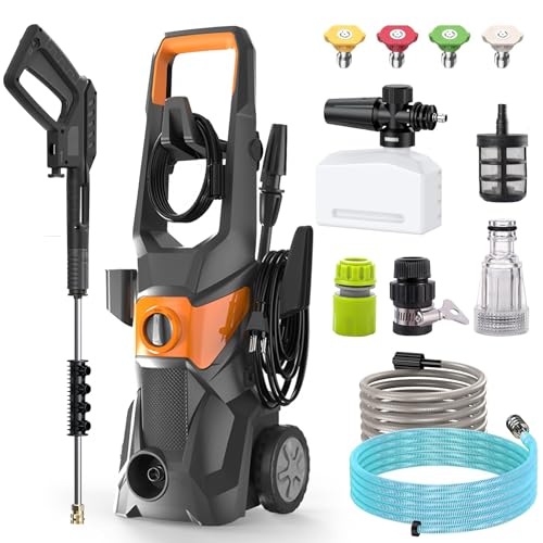 Profi Hochdruckreiniger, 200 Bar 3000 W Fassadenreiniger mit 10m Schlauch, Fugenreinige, 1.8m Wasserzulaufrohr, 540 l/h Fördermenge, Reinigungslanze, Düsenaufsatz, Quick Connect, Orange