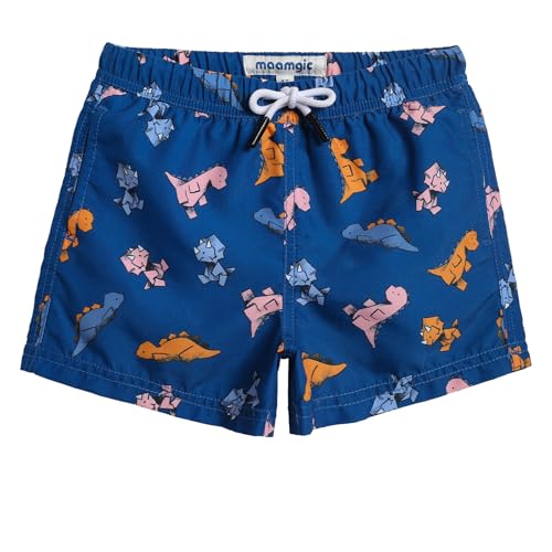 MaaMgic Kleine Jungen Badeshorts Schnelltrocknend Boardshorts mit Mesh-Futter Taschen und Verstellbarem Tunnelzug MEHRWEG,Navy Blau Dinosaurier Cartoon,10-12 Jahre