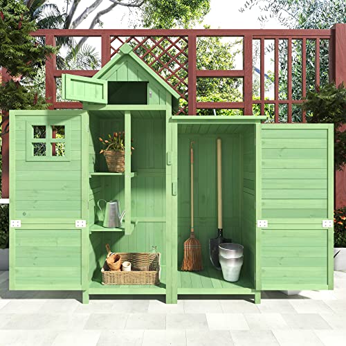 Gegtuon Gerätehaus mit Satteldach, Geräteschuppen Gartenhaus Gartenschrank aus Holz mit Fenster 2 Türen & Stauraum Ablagen, Wetterfest Outdoor Schuppen für Garten Terrasse, 118x54cm (LxB), Grün B