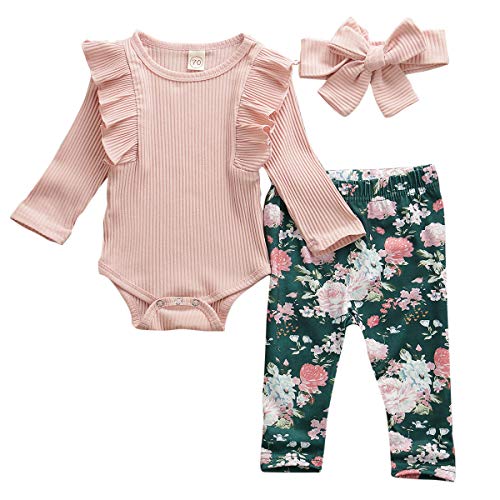 Geagodelia Babykleidung Set Baby Mädchen Langarm Body Strampler + Blumen Hose + Stirnband Neugeborene Kleinkinder Warme Babyset Kleidung T-38207 (12-18 Monate, Pink)