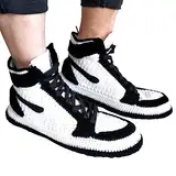 Handgemachte High-Top Häkel-Strick Stiefeletten, Retro Panda Basketball-Thema Schwarz-Weiß Plüsch Sneaker Hausschuhe, Seltene Streetwear, Gemütliche, Weiche, Lustige Gestrickte Sockenstiefeletten