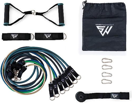 SmartWorkout® - Profi-Set mit Widerstandsbänder Krafttraining – Komplettpaket für Fitnesstraining, 19 Stück, 7 Resistance Bands insgesamt 120 kg, Stange für Fitnessbänder, Türanker & Trainingsprogramm