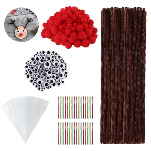 Taechalingo 650 Stück Pfeifenputzer Set(Wackelaugen Selbstklebend*150,Rote Pom Poms*150,Pfeifenreiniger Braun*150,Süßigkeiten Tüten*100,Twist Ties*100),Chenille Draht,Bastelzubehör Kinder