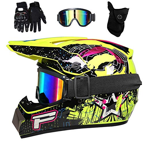 Unisex Volles Gesicht MTB Motocross-Helm, mit Brille Handschuhe Maske, Jugend Kinder Mode Offroad Sport Motorrad ATV Roller Helm, Bergab Enduro BMX Quad Dreckiges Fahrrad Absturz Helm ( Color : Yellow