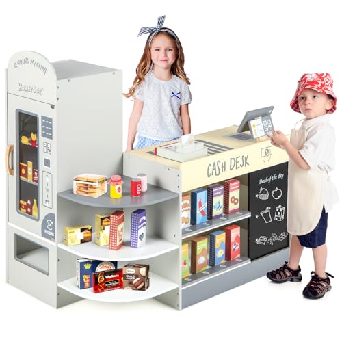 GOPLUS Kinder Kaufladen, Supermarkt aus Holz, Kaufmannsladen mit mit Kasse, POS-Automat & Verkaufsautomat, Einkaufsladen Rollenspiele mit 15 Zubehör & Tafel für Kinder von 3-8 Jahren (Grau)