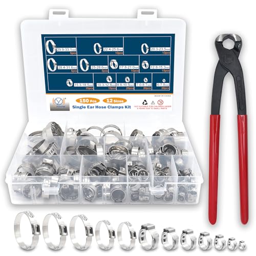 DIYoung 150 Stück Einohr-Schlauchschelle-Set 6–33,1 mm aus Edelstahl 304, Verstellbar mit Schellenzange – für Wasserleitungen, Sanitär und Kfz-Anwendungen (12 Größen + Zange)