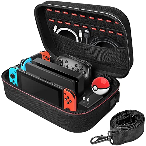 Tasche für Nintendo Switch, Deluxe Harte Hülle Case Tragetasche Reise Portable Schutz für Nintendo Switch Konsolle, Switch Dock, HDMI Kabel, Netzteil, 18 Spiele, Pro Controller & Zubehör - Schwarz