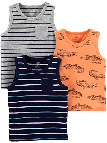 Simple Joys by Carter's Jungen Multi-Pack Muscle Tank Tops Fashion-t-Shirts, Grau Streifen/Hellorange Alligator/Marineblau Doppelstreifen, 4 Jahre (3er