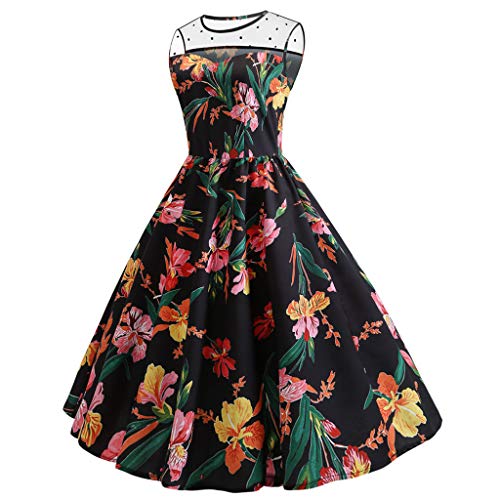 Damen Vintage Blumen Spitze Dots Cocktail Kleid, Frauen Elegant Ärmellos 1950er Retro Rockabilly Polka Faltenrock, Schöne Rüschen Petticoat Abendkleid, Bodycon Drucken Plissee Ballkleid Festlich