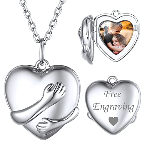 ChicSilver Silber Medaillon Kette Herz Umarmung mit Zwei Hände Halskette Damen Photo Amulett mit Wunschgravur personalisierter Fotoanhänger für Damen und Mädchen