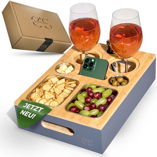 Cascalino's® Couchbar Snackbox mit 2+2 Snackschalen aus Edelstahl - Sofatablett aus Holz | Sofa Organizer mit Getränkehalter | Couch Tablett Holz, Couch bar, Sofa Butler, Couch Organizer, Tablett