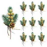 RXXR 10 Stück künstliche Tannen-Plektren, Kiefernnadeln, kleine Beeren, Tannenzapfen für Blumenarrangements, Kränze, Hochzeit, Weihnachtsbaumschmuck, (Gold)