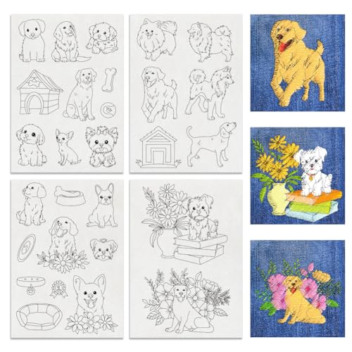 BENECREAT 4Sheets 28Pcs Hund wasserlösliche Stickerei, 29.7x21cm Hund mit Pflanze Zwinger Stick und Stich Stickerei Papier Stabilisator für Hemden, Mäntel, Taschen