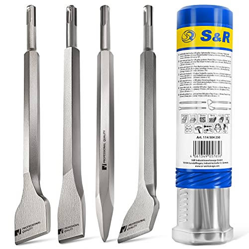 S&R Meister Meißel SDS Plus Set 4-tlg - für Fliesen, Beton, Stein, Mauerwerk, Putz, uvm - 1 x Spitzmeißel, 1 x Flachmeißel, 2 x Fliesenmeißel - angewinkelt und gerade