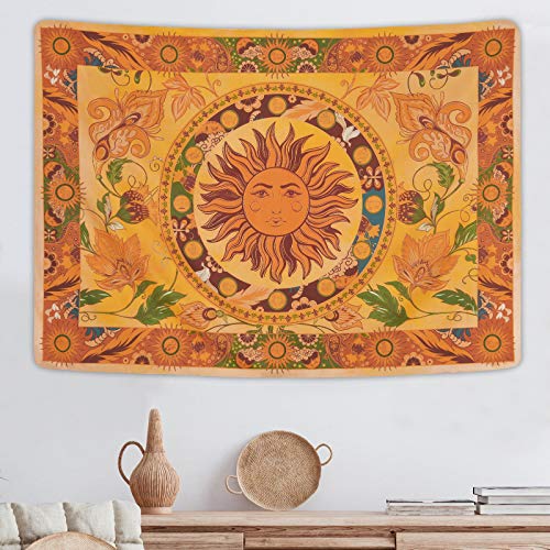 Yugarlibi Brennende Sonne Wandteppich Frühling Blumen Vintage Wandbehang Orange Konstellation Wandteppich für Schlafzimmer Wohnzimmer 150x130cm