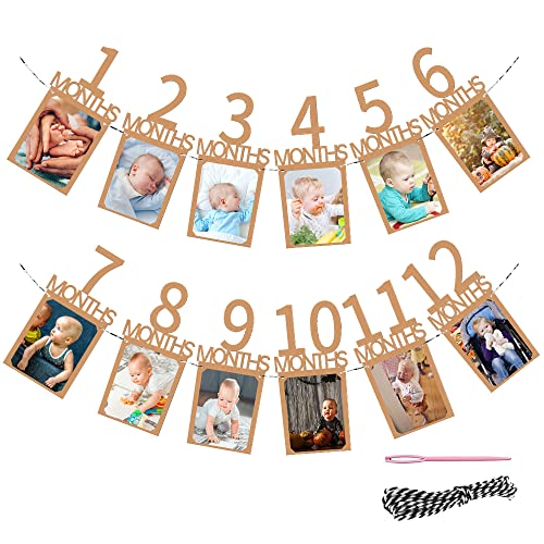 Fotogirlande 1. Geburtstag, Baby Ersten Geburtstag Girlande Foto Banner, Hängende Foto Wanddekoration, Kinder Monatlich Bild Prop für Party Dekor Mädchen/Jungen - Kraftpapier