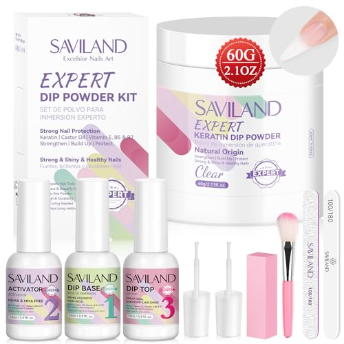 Saviland Dipping Powder Nails Set: 60g Clear Kapazität Nagel Dipping Powder Starter Set,Dipping Powder Farbe mit 3PCS Dipping Powder Liquid Set Maniküre Dip Nägel Tools Kit für Nägel Maniküre Salon