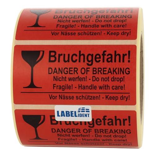 Warnetiketten 100 x 50 mm - Bruchgefahr! Danger of Breaking - Nicht werfen! Do not drop - 1.000 Versandaufkleber auf 1 Rolle(n), 40 mm Kern, Papier selbstklebend