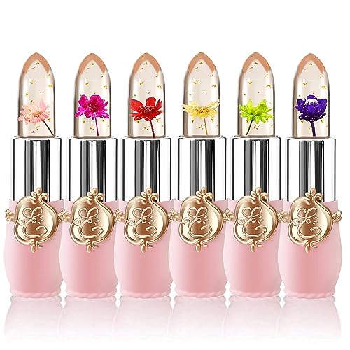 6 Packs Flower Jelly Lippenstift Set Magic Temperature Farbwechsel Lippenbalsam Langanhaltende Feuchtigkeitscreme Aloe Vera Flower Jelly Lippenstift Makeup Set (6 PCS SetA)