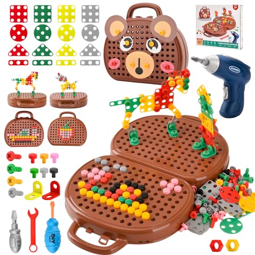 DAOUZL Montessori Spielzeugkiste mit Bohrmaschine, Magische Montessori-Spielzeugkiste, Mosaik Puzzle Spielzeug Bohrer Schraube Werkzeug Set, Montessori Spielzeug ab 3 Jahre