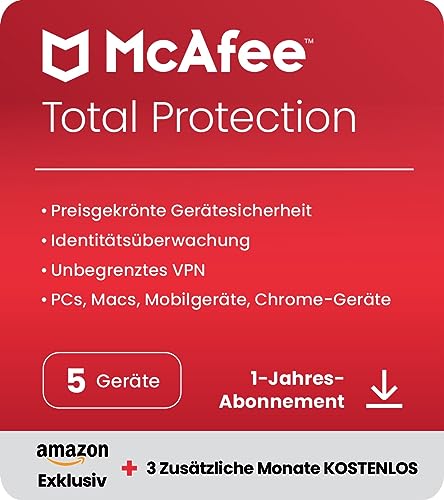 McAfee Total Protection 2024 |exklusiv bei Amazon| 5 Geräte |15-Monate-Abonnement| Virenschutz- und Internetsicherheits-Software |Unlimited VPN|