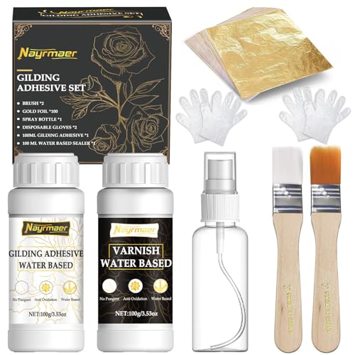 Blattgold Kleber Set, 100 ml Blattgold Kleber und 100 ml Schutzlack auf Wasserbasis, Blattgold 100 Stück, Pinsel, Sprühflasche, Malen, Professionellen Bastelgebrauch, Dekoration(Gilding Adhesive Set)