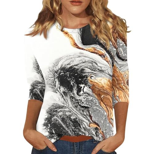 Longshirt Damen Langarm 3/4 Länge Ärmel Damen Oberteile Sommer 2025 T-Shirts Floral Print Rundhalsausschnitt Casual Basic Tee Fit Tunika Oberteile Bluse 3XL