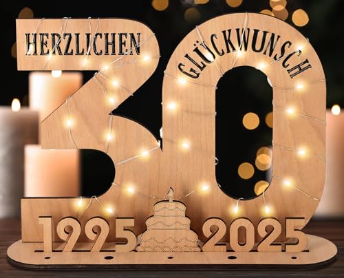 Giftota - 2025 Originelle 30 Geburtstag Geschenk Frauen & Männer - Geldgeschenke Geburtstag 30 mit LED Lichterkette Ständer - Holz-Schild Gästebuch - 30 Geburtstag Deko - Personalisierbares Geschenk