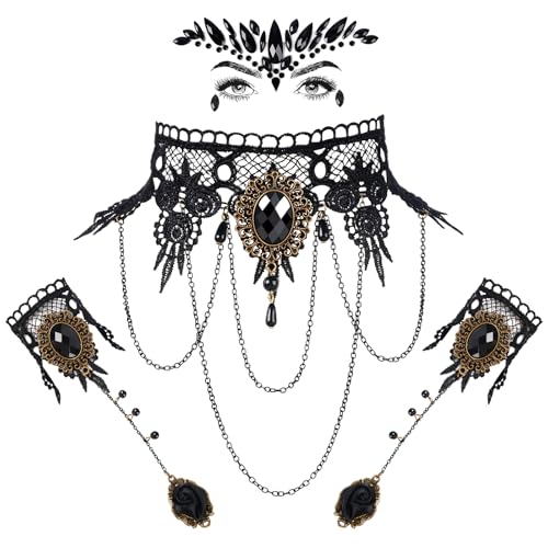 Halloween Gothic Schmuck Glitzersteine Gesicht Steampunk Damen,4 Stück Gothic Schmuck Set Halskette Armbänder Schmuck Spitze Kette Damen Gotisch Choker Zubehör Vampir-Sklaven-Armband Halloween. (A)