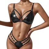 Spitzen Cardigan 2er-Pack, PU-Harness-Dessous-Set mit kettenverknüpftem Handring Damen Halsband(Schwarz,S)