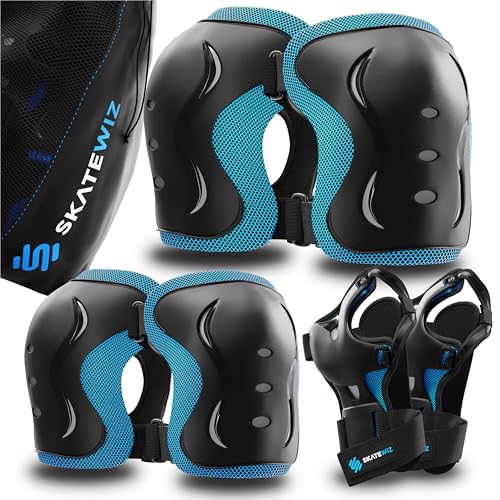 SKATEWIZ Schoner Inliner Kinder, Skateboard, Rollschuhe, BMX - Knieschützer, Knieschoner Kinder - Protektoren Set - Knie und Ellenbogenschützer - Schoner Größe XS Blau