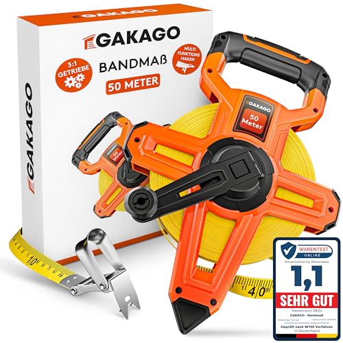 Gakago Bandmaß 50m - 3-fach übersetztes Rollmaßband mit klappbarem Hebel - Ergonomischer & rutschfester Maßband Haltegriff - Masbandrolle mit Messpunkt-Markierspitze und flexiblen Messhaken