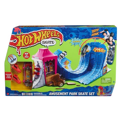 HOT Wheels Skate Vergnügungspark Skateset - Fingerboard & Skateschuhe, mit 360-Grad-Action, Stunt-Hindernissen, aktivierbaren Geräuschen und erweiterbarem Skatepark, für Kinder ab 5 Jahren, HGT95