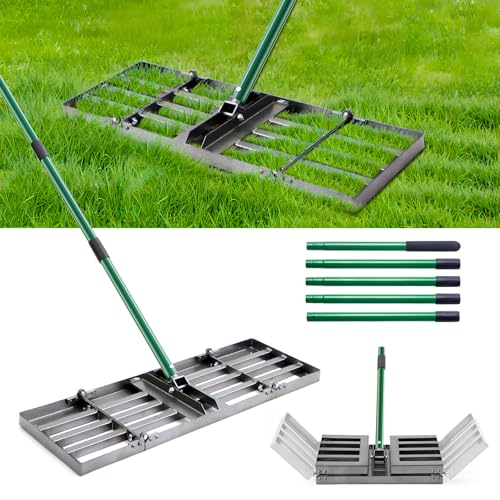 Rasennivellierharke - 76x25cm Rasennivellierer Rasen Rakel, Hochbelastbarer Rasen Nivellierrechen mit 84-196cm Verstellbarem Griff, Klappbare Garten Rasenrechen für Erde, Sand, Kies