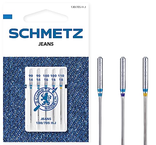 SCHMETZ Nähmaschinennadeln | 5 Jeans-Nadeln | 130/705 H-J | Nadeldicken 2x 90/14, 2x 100/16 und 1x 110/18 | geeignet für das Verarbeiten von Jeans und ähnlichen Stoffen