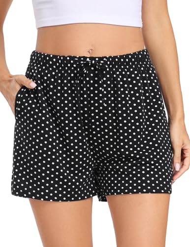 Lovasy Schlafshorts Damen Karierte Pyjamahose Damen Kurz Sommer Shorts mit Taschen und Kordelzug,Gepunktet,M