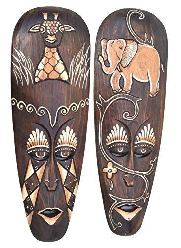 Interlifestyle 2 Holzmasken im Afrika Look mit Elefant und Giraffen Motiv 50cm