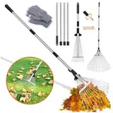 Laubrechen,Gartenrechen mit 2.15M Verstellbare Metallstange und Handschuhe,Laubbesen,Fächerbesen Metall,Laubfächer, Rasenrechen für Reinigen von Pflanzen, Rasen und Hof